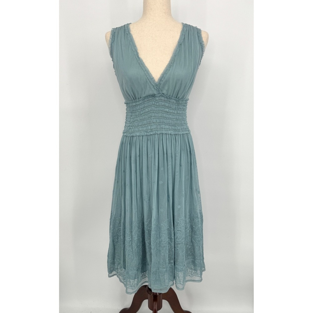 Y2K Max Studio Dress Size 0 Blue Silk Mesh Smocked Fairycore Romantic Ethereal - Picture 2 of 11